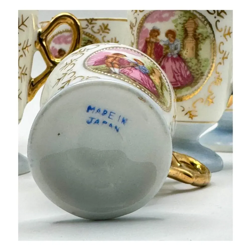 Vintage Japan Demitasse Cups Set of 8‎ Blue Gold Courting Couple Porcelain